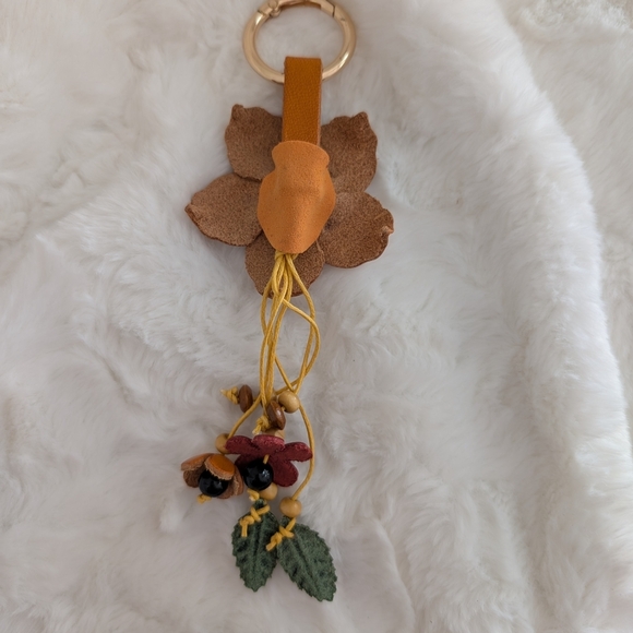 Yellow Leather Flower Bag Charm With Leaf And Flower Beaded Design - Picture 2 of 3
